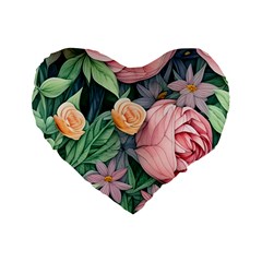 Darling And Dazzling Watercolor Flowers Standard 16  Premium Flano Heart Shape Cushions