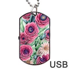 Majestic Watercolor Flowers Dog Tag Usb Flash (one Side) by GardenOfOphir