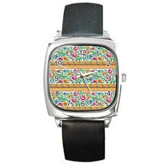 Flower Fabric Fabric Design Fabric Pattern Art Square Metal Watch by Ravend