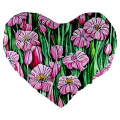 Blushing Bold Botanical Watercolor Flowers Large 19  Premium Flano Heart Shape Cushions by GardenOfOphir