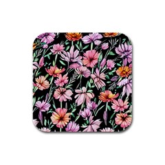 Clustered Watercolor Flowers Rubber Square Coaster (4 Pack) by GardenOfOphir