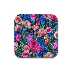 Bright And Brilliant Watercolor Flowers Rubber Square Coaster (4 Pack) by GardenOfOphir