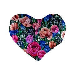 Bright And Brilliant Watercolor Flowers Standard 16  Premium Flano Heart Shape Cushions
