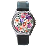 Country-chic Watercolor Flowers Round Metal Watch