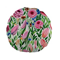 Different Watercolor Flowers Botanical Foliage Standard 15  Premium Flano Round Cushions by GardenOfOphir