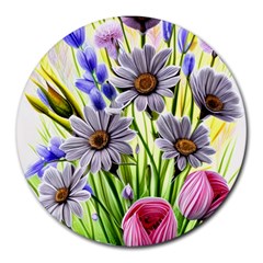 Expressive Watercolor Flowers Botanical Foliage Round Mousepad by GardenOfOphir