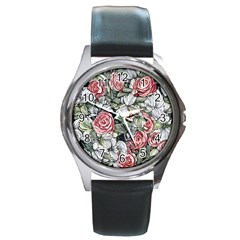 Retro Topical Botanical Flowers Round Metal Watch