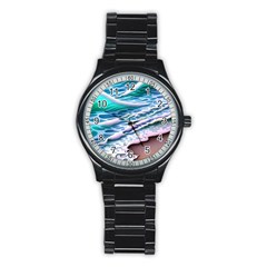 Shore Blue Ocean Waves Stainless Steel Round Watch by GardenOfOphir