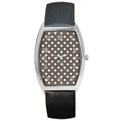 Brown And White Polka Dots Barrel Style Metal Watch by GardenOfOphir