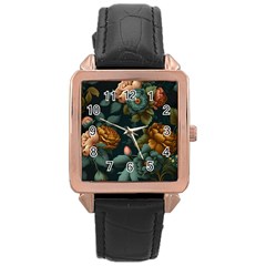 Floral Flower Blossom Turquoise Rose Gold Leather Watch  by Ravend