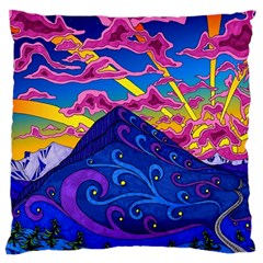Psychedelic Colorful Lines Nature Mountain Trees Snowy Peak Moon Sun Rays Hill Road Artwork Stars Sk Standard Premium Plush Fleece Cushion Case (one Side)