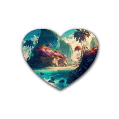 Tropical Island Fantasy Landscape Palm Trees Ocean Rubber Heart Coaster (4 Pack) by Pakemis