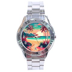 Palm Trees Tropical Ocean Sunset Sunrise Landscape Stainless Steel Analogue Watch by Pakemis