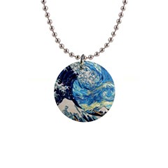 Starry Night Hokusai Vincent Van Gogh The Great Wave Off Kanagawa 1  Button Necklace by Semog4