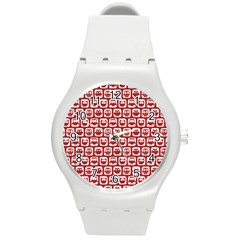 Red And White Owl Pattern Round Plastic Sport Watch (m) by GardenOfOphir