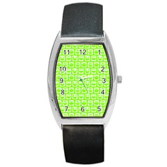Lime Green And White Owl Pattern Barrel Style Metal Watch by GardenOfOphir
