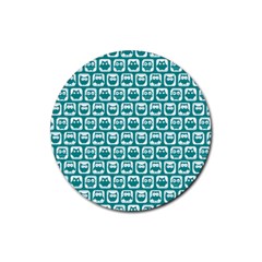 Teal And White Owl Pattern Rubber Coaster (round) by GardenOfOphir