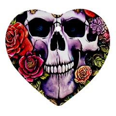 Sugar Skull With Flowers - Day Of The Dead Ornament (heart) by GardenOfOphir