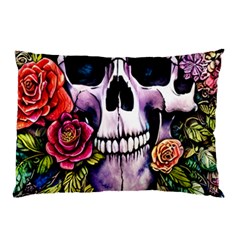 Sugar Skull With Flowers - Day Of The Dead Pillow Case (two Sides) by GardenOfOphir