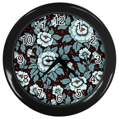Vintage Floral Pattern Blue Damask Pattern Blue Vintage Wall Clock (black) by Semog4