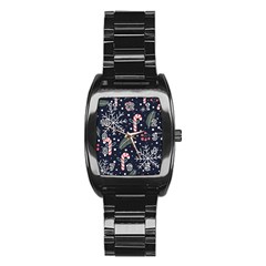 Holiday Seamless Pattern With Christmas Candies Snoflakes Fir Branches Berries Stainless Steel Barrel Watch by Semog4