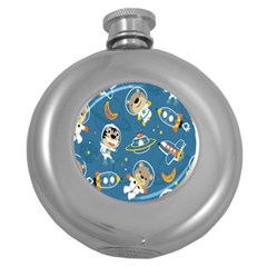 Seamless Pattern Funny Astronaut Outer Space Transportation Round Hip Flask (5 Oz) by Semog4