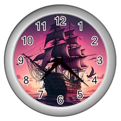 Ship Pirate Adventure Landscape Ocean Sun Heaven Wall Clock (silver) by Semog4