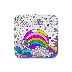 Rainbow Fun Cute Minimal Doodle Drawing 3 Rubber Square Coaster (4 Pack) by Jancukart