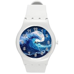 Tsunami Waves Ocean Sea Nautical Nature Water Moon Round Plastic Sport Watch (m) by Jancukart