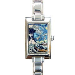 Starry Night Hokusai Van Gogh The Great Wave Off Kanagawa Rectangle Italian Charm Watch by Sudheng