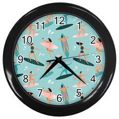 Beach-surfing-surfers-with-surfboards-surfer-rides-wave-summer-outdoors-surfboards-seamless-pattern- Wall Clock (black) by Salman4z