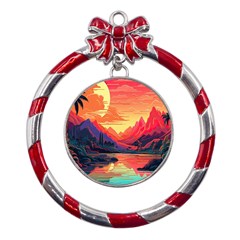 Tropical Landscape Island Background Wallpaper Metal Red Ribbon Round Ornament by Ravend