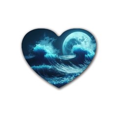 Moonlight High Tide Storm Tsunami Waves Ocean Sea Rubber Heart Coaster (4 Pack)