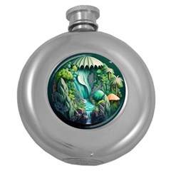 Waterfall Jungle Nature Paper Craft Trees Tropical Round Hip Flask (5 Oz)