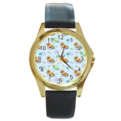 Pattern Giraffe Animal Seamless Scrapbooking Blue Round Gold Metal Watch by pakminggu
