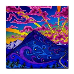 Psychedelic Colorful Lines Nature Mountain Trees Snowy Peak Moon Sun Rays Hill Road Artwork Stars Tile Coaster by pakminggu