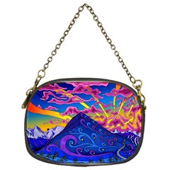 Psychedelic Colorful Lines Nature Mountain Trees Snowy Peak Moon Sun Rays Hill Road Artwork Stars Chain Purse (one Side) by pakminggu
