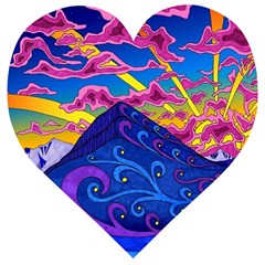Psychedelic Colorful Lines Nature Mountain Trees Snowy Peak Moon Sun Rays Hill Road Artwork Stars Wooden Puzzle Heart by pakminggu