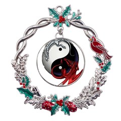 Yin And Yang Chinese Dragon Metal X mas Wreath Holly Leaf Ornament by Mog4mog4