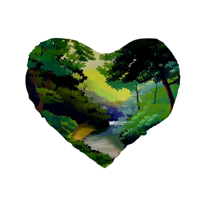 Landscape Illustration Nature Forest River Water Standard 16  Premium Flano Heart Shape Cushions