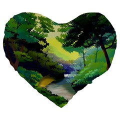 Landscape Illustration Nature Forest River Water Large 19  Premium Flano Heart Shape Cushions by Mog4mog4