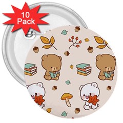 Bear Cartoon Background Pattern Seamless Animal 3  Buttons (10 Pack)  by 99art