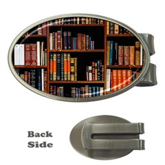 Assorted Title Of Books Piled In The Shelves Assorted Book Lot Inside The Wooden Shelf Money Clips (oval)  by 99art