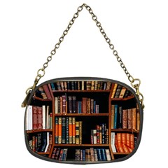 Assorted Title Of Books Piled In The Shelves Assorted Book Lot Inside The Wooden Shelf Chain Purse (two Sides) by 99art