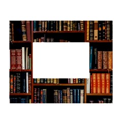 Assorted Title Of Books Piled In The Shelves Assorted Book Lot Inside The Wooden Shelf White Tabletop Photo Frame 4 x6  by 99art