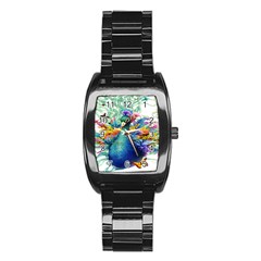 Bird-peafowl-painting-drawing-feather-birds Stainless Steel Barrel Watch