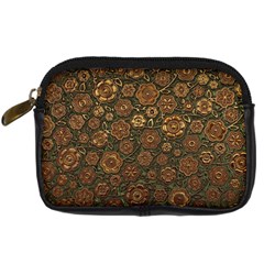 Brown And Green Floral Print Textile Ornament Pattern Texture Digital Camera Leather Case by danenraven