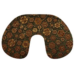 Brown And Green Floral Print Textile Ornament Pattern Texture Travel Neck Pillow by danenraven