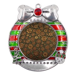 Brown And Green Floral Print Textile Ornament Pattern Texture Metal X mas Ribbon With Red Crystal Round Ornament by danenraven
