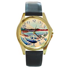 Wave Japanese Mount Fuji Woodblock Print Ocean Round Gold Metal Watch
